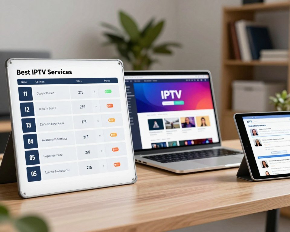 A professional and sleek workspace setting showcasing a modern comparison chart for the best IPTV services in France. In the foreground, a clean, digital display board with clearly organized sections visually comparing features, prices, and user ratings of various IPTV services. The middle ground features a laptop opened with a vibrant interface of an IPTV website, complemented by a tablet showing user reviews. The background includes blurred but recognizable elements like an office plant and a shelf with tech books, establishing a professional atmosphere. Soft, diffused lighting highlights the workspace, creating a warm and inviting mood. The image should evoke a sense of trust and professionalism, ideal for an informative article.