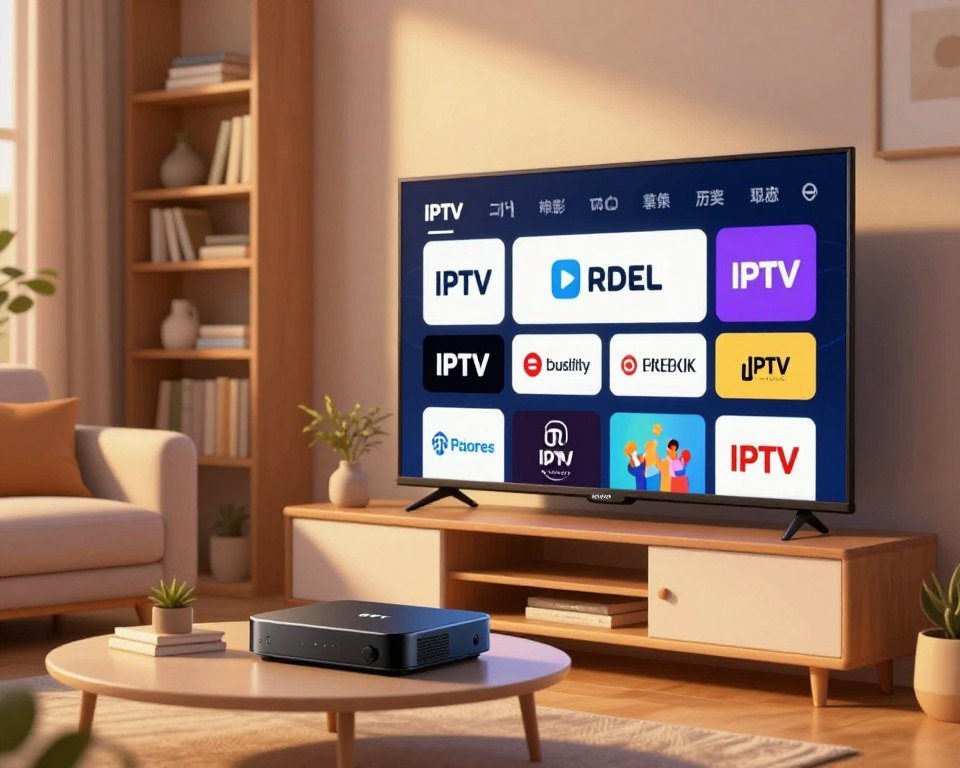 A professional and vibrant illustration of exclusive IPTV promotional offers. In the foreground, display a modern flat-screen TV showcasing a dynamic visual of various IPTV logos and channel selections. In the middle, feature a stylish living room setup with a comfortable couch, warm lighting accentuating the space, and a sleek IPTV device on a minimalist entertainment center. The background should include a soft-focus bookshelf filled with books and decorative items, adding depth to the scene. Use golden hour lighting to create a cozy and inviting atmosphere, highlighting the tech-savvy nature of IPTV services. Ensure the overall mood conveys excitement and accessibility, without any text or branding.