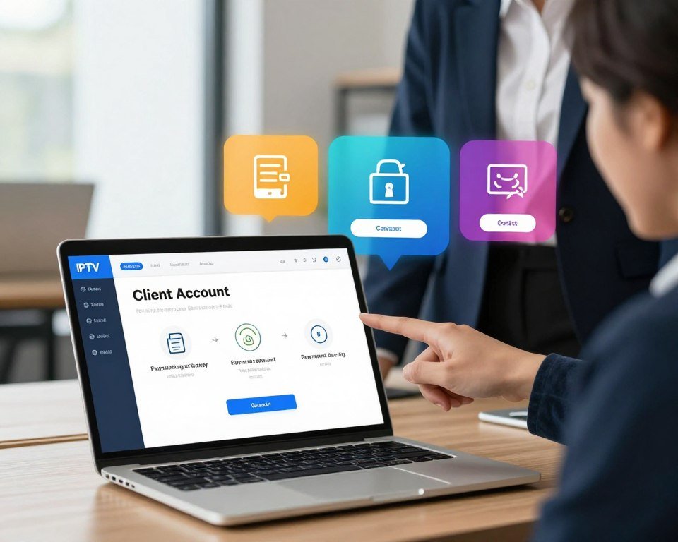 A professional and visually appealing guide showing the activation process for a client account, focusing on IPTV services. In the foreground, a sleek laptop displays a user-friendly interface with visible steps for account activation. Beside the laptop, a person in smart business attire points towards the screen, illustrating guidance, representing an approachable expert. In the middle, colorful infographics highlight account management features, with icons for payment security and contact options, creating an inviting learning environment. The background features a modern office setting with soft, natural lighting coming from a nearby window, enhancing the atmosphere of professionalism and clarity. The overall mood is informative and supportive, ensuring the image invites viewers to engage with the content of the guide.