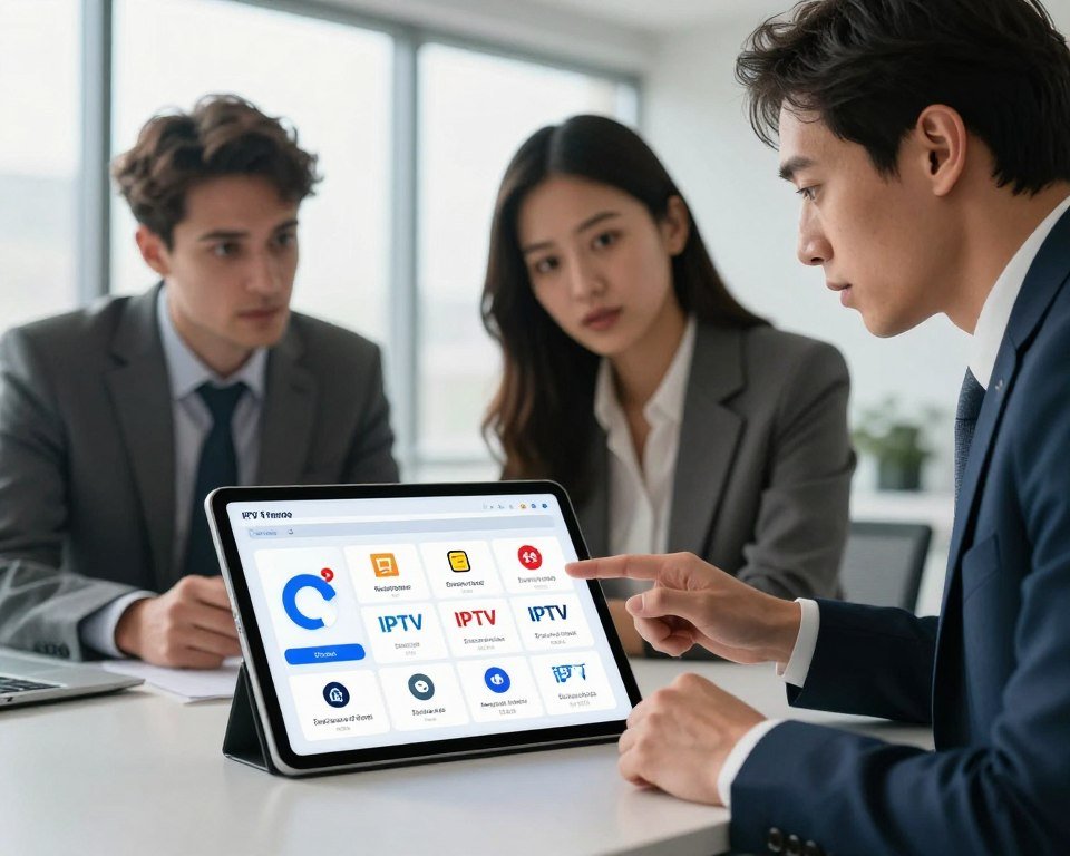 A professional comparison chart illustrating IPTV subscription options in France, set in a sleek modern office environment. In the foreground, a digital tablet displays detailed graphs and pricing for various IPTV services, including icons and logos for each provider. In the middle ground, a diverse group of three individuals in business attire—two men and one woman—are engaged in discussing the options, pointing at the tablet with expressions of curiosity and consideration. The background features a large window allowing natural light to flood the scene, creating a bright and inviting atmosphere. Subtle shadows add depth, enhancing the professional ambiance. The overall mood is one of informed decision-making and collaboration, capturing the essence of market comparison.