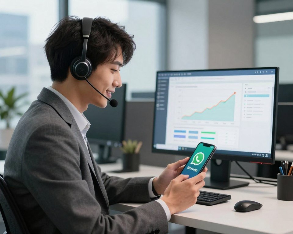 A professional customer support agent engaging in a WhatsApp chat on a sleek smartphone, set against a modern office background that features a clean desk with tech gadgets. The agent, a young adult in business attire, conveys a friendly yet professional demeanor, with soft lighting highlighting their focused expression. The middle ground showcases a blurred computer screen with a graph and various support tools, emphasizing a tech-savvy environment. In the background, urban office window views provide a sense of connectivity and innovation. The overall mood should be one of reliability and accessibility, reflecting efficient customer support available 24/7. Ideal for illustrating customer assistance through WhatsApp in an IPTV context.