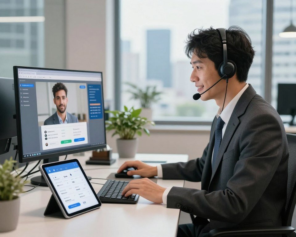 A professional customer support environment, with a friendly customer service representative in business attire, sitting at a sleek, modern desk. The representative has a headset on, attentively engaging with a client on a computer screen. In the foreground, a digital tablet displays various customer support tools and applications. The middle ground features a stylish office setup with soft lighting, a potted plant, and branding elements related to quality service. The background includes a window with a view of a bustling cityscape, suggesting a connected and vibrant atmosphere. The overall mood conveys warmth, responsiveness, and professionalism, emphasizing the importance of effective client support in a high-quality service environment. The image should be bright and inviting, highlighting the dedication to excellent assistance.