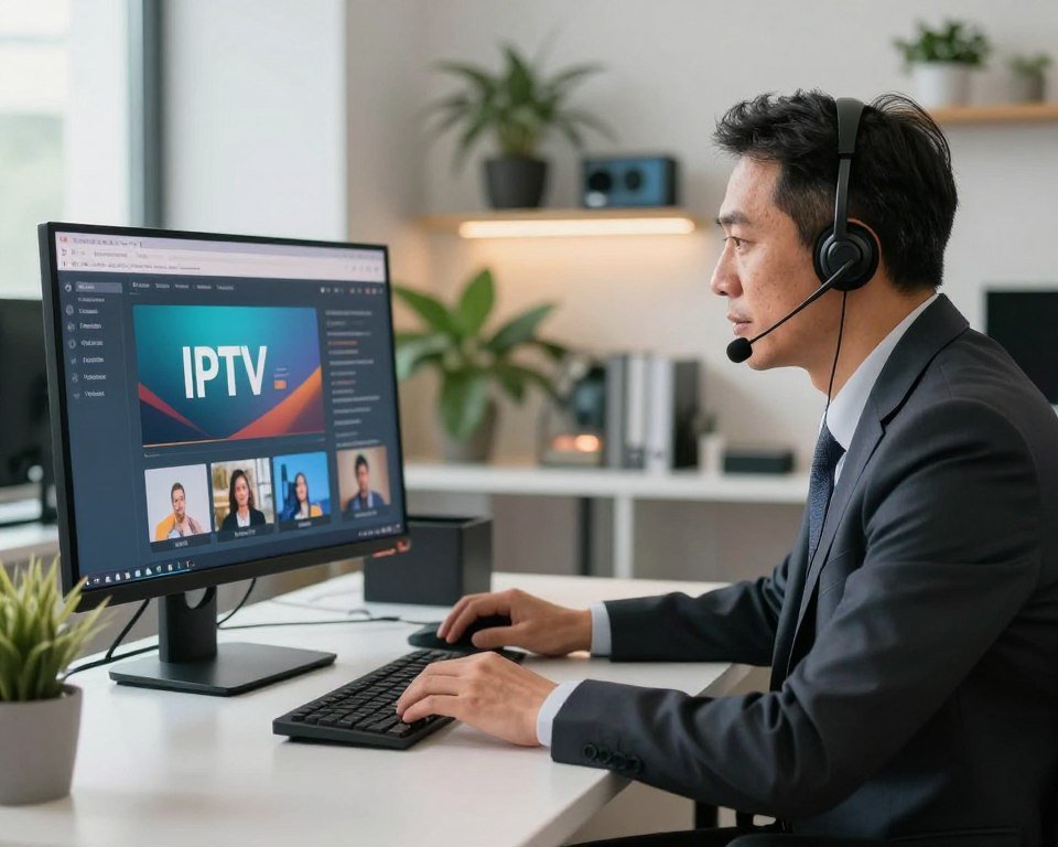 A professional customer support representative in a modern office environment, seated at a sleek desk, attentively assisting a client on a large computer monitor displaying an IPTV user interface. The representative, a middle-aged man in a smart business attire, wears a headset and looks engaged, conveying a sense of expertise and reassurance. In the background, a bright, well-organized office space features plants, shelves with tech gadgets, and a soft glow from warm lighting. The camera angle captures both the representative and the monitor clearly, creating a focused and inviting atmosphere. The overall mood is one of professionalism and support, reflecting a reliable client assistance experience for IPTV users.