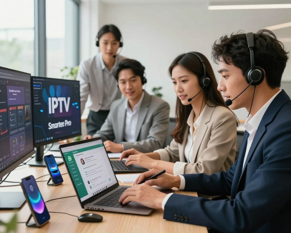 A professional customer support scenario depicting a stylish office setting. In the foreground, a diverse team of three engaged support agents, wearing smart business attire, are attentively discussing activation processes on a laptop with a WhatsApp interface visible. In the middle, an array of tech gadgets, including smartphones and monitors displaying IPTV Smarters Pro, emphasizes the technological aspect of client activation. The background features a modern office space with bright, natural lighting filtering through large windows, creating an uplifting atmosphere. The mood is collaborative and focused, illustrating teamwork in client support. The entire composition has a warm color palette to convey a sense of approachability and professionalism.