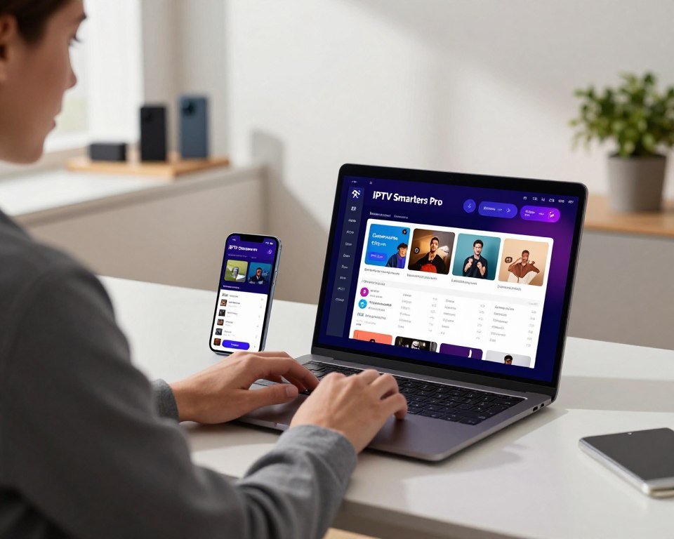 A professional-looking workspace showcasing the activation of an IPTV service. In the foreground, a modern laptop displays the IPTV Smarters Pro interface with colorful on-screen options for channel selection and settings. A person in professional business attire is seated at the desk, intently interacting with the laptop. In the middle ground, a sleek smartphone is placed next to the laptop, showing a mobile version of the same IPTV interface. The background features a well-lit room with soft, natural lighting filtering through a window, casting gentle shadows, and a small shelf displaying tech gadgets and a plant for a touch of greenery. The mood is focused and tech-savvy, reflecting the excitement of setting up a new service. A professional-looking workspace showcasing the activation of an IPTV service. In the foreground, a modern laptop displays the IPTV Smarters Pro interface with colorful on-screen options for channel selection and settings. A person in professional business attire is seated at the desk, intently interacting with the laptop. In the middle ground, a sleek smartphone is placed next to the laptop, showing a mobile version of the same IPTV interface. The background features a well-lit room with soft, natural lighting filtering through a window, casting gentle shadows, and a small shelf displaying tech gadgets and a plant for a touch of greenery. The mood is focused and tech-savvy, reflecting the excitement of setting up a new service.