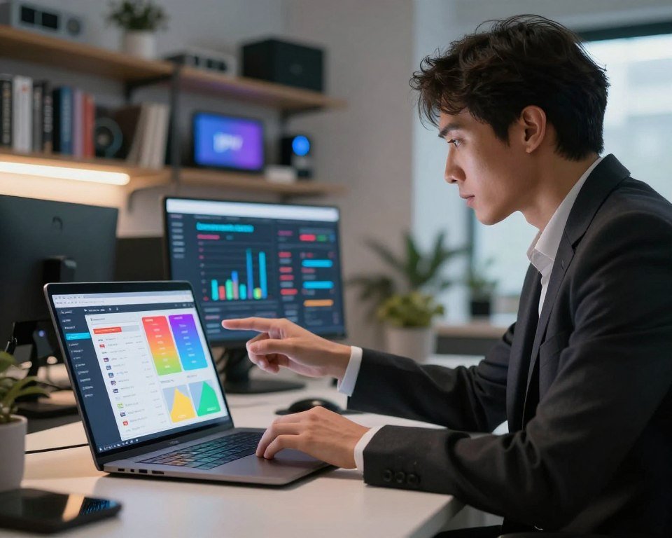 A professional, modern office setup focused on "abonnements tarifaires" for IPTV services. In the foreground, a sleek desk with a laptop displaying a dashboard of subscription plans alongside colorful, eye-catching charts and graphs. In the middle ground, a well-dressed businessperson, a male or female in smart attire, analyzing data on the screen, with a determined expression. The background features blurred shelves filled with technology-related books and digital media devices. Soft ambient lighting creates an inviting atmosphere, while the scene captures a sense of professionalism and innovation. The angle is slightly tilted upwards, emphasizing the subject's engagement with technology. No text or logos are visible, ensuring a clean and clear focus on the concept of subscription offers.