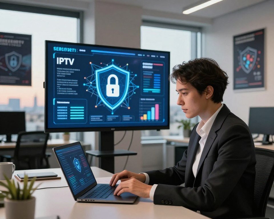 A professional office setting representing streaming security in France. In the foreground, a confident businessperson in professional attire is seated at a desk, analyzing data on a sleek laptop, with a focused expression. In the middle ground, a large screen displays a visually engaging infographic about IPTV security, featuring padlocks and network shields, symbolizing protection and legality. The background showcases a modern office with cybersecurity posters on the walls and a cityscape view through a large window, hinting at a bustling Paris skyline. Soft, warm lighting creates an inviting yet serious atmosphere, emphasizing the importance of security in streaming services. The perspective is slightly elevated, giving a clear view of both the individual and the informative screen.