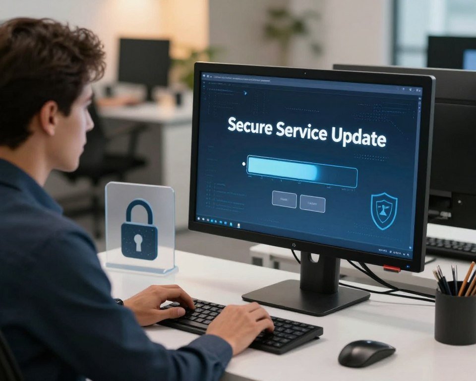 A professional office setting showcases a sleek, modern workspace, featuring a high-tech computer monitor displaying a loading screen with the words "Secure Service Update" in a digital font. In the foreground, a focused business professional in smart casual attire is seated at the desk, interacting with the computer, conveying a sense of diligence and attention to detail. The middle ground includes a minimalist desk with cybersecurity-themed elements like a padlock symbol and shield icon subtly integrated into the decor. The background is softly blurred, hinting at other workstations in a corporate environment under warm, inviting lighting. The atmosphere is one of security and innovation, reflecting the importance of updates in maintaining service integrity and safety.