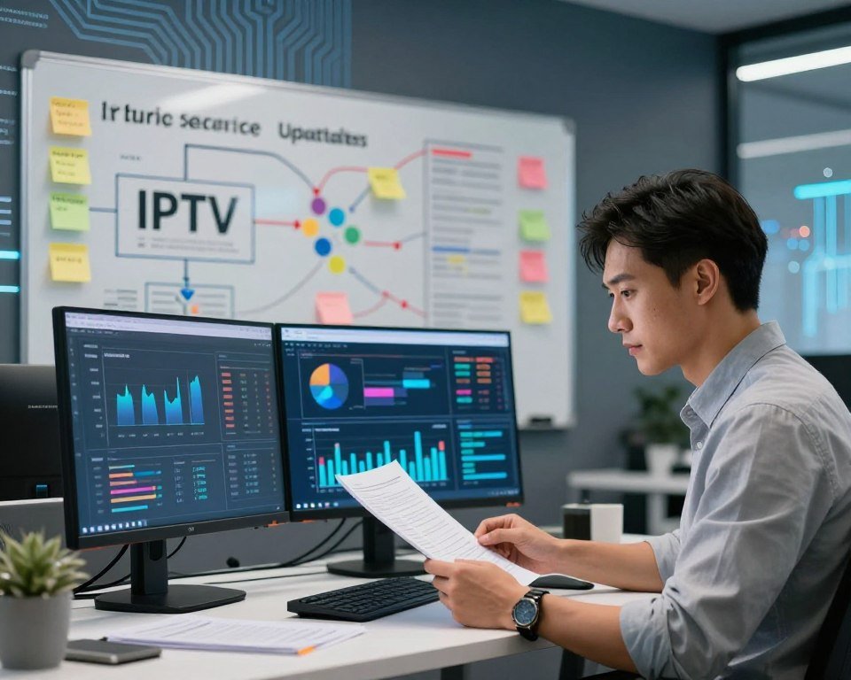 A professional office workspace focused on IPTV service updates, featuring a sleek modern desk with dual computer monitors displaying vibrant graphs and charts related to service stability and updates. In the foreground, a confident business professional dressed in business casual attire, reviewing a document with a look of concentration. The middle background showcases a large whiteboard filled with colorful diagrams and sticky notes discussing strategies for service improvements. The lighting is bright and focused, creating an atmosphere of productivity and innovation. In the far background, abstract representations of technology and connectivity, such as circuit board patterns and digital data streams, subtly suggest the technical aspects of IPTV services. The overall mood conveys a sense of reliability, engagement, and forward-thinking progress within the service industry.