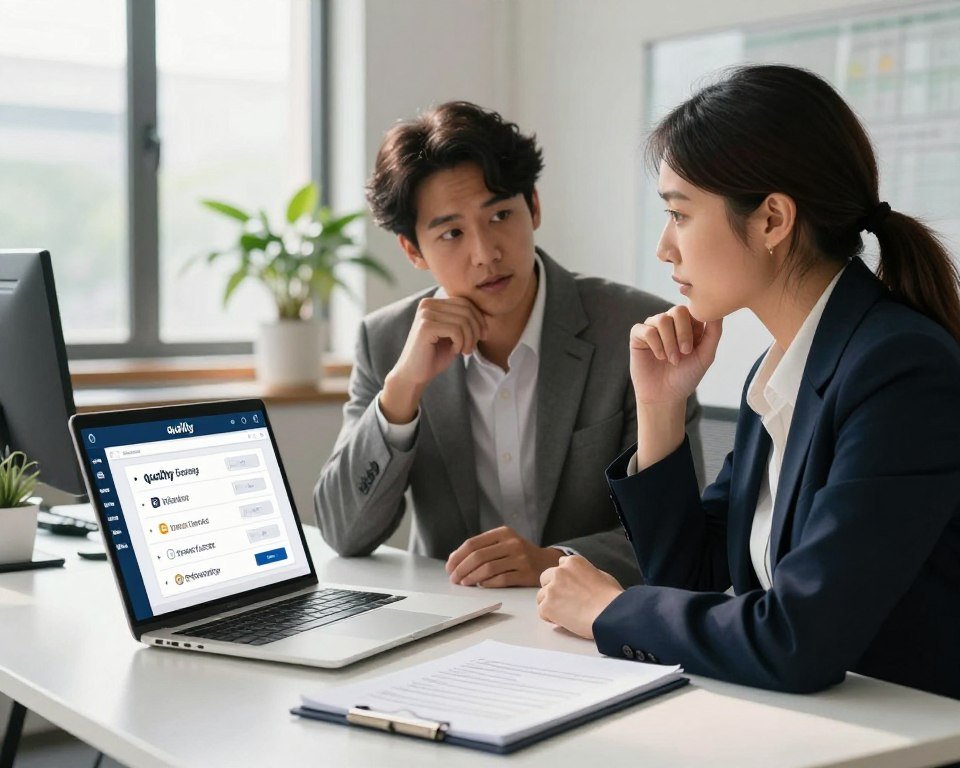 A professional setting focused on the criteria for choosing the best IPTV subscription. In the foreground, a sleek modern desk features a laptop showcasing IPTV service comparisons on the screen, alongside a notepad with bullet points highlighting key criteria like "quality," "customer service," and "channel selection." In the middle, a diverse group of two business professionals, a man and a woman, are engaged in discussion over the laptop, both dressed in smart casual attire, radiating a collaborative atmosphere. The background features a well-lit office environment with large windows letting in natural sunlight, along with some potted plants for a touch of freshness. The overall mood is thoughtful and informative, with a focus on decision-making and expert guidance in the realm of IPTV services.