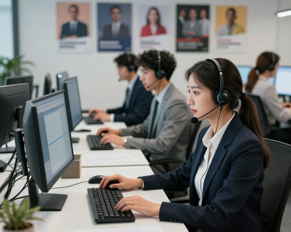 A professional support client scene depicting a diverse group of customer service representatives in a modern office environment. In the foreground, a young woman in a smart business outfit, wearing a headset, is attentively interacting with a computer screen, showcasing her engagement in providing assistance. The middle ground features a sleek workspace with several desks equipped with computers and monitors displaying customer inquiries. In the background, soft lighting illuminates a large wall filled with inspirational posters about teamwork and support. The atmosphere is focused yet welcoming, emphasizing professionalism and efficiency. The scene captures a sense of readiness, with employees collaborating harmoniously to deliver top-notch assistance.