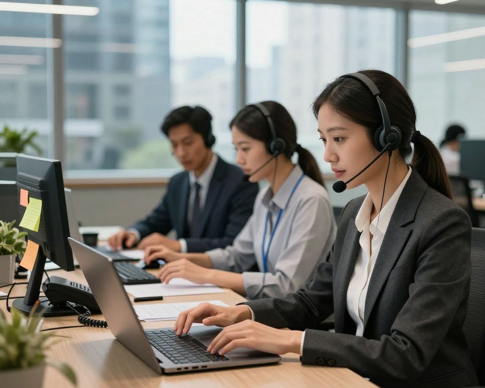 A professional support client scene featuring a diverse group of customer service representatives in an office setting. In the foreground, a focused woman in a smart business outfit, with a headset on, is attentively helping a client on her laptop. In the middle ground, a collaborative workspace displays two other agents discussing solutions, surrounded by telephones, and colorful post-it notes. The background shows a glass partition with a view of a bustling city. Soft, natural lighting pours through large windows, creating a warm atmosphere. The angle captures the dynamic exchanges among the team, emphasizing professionalism and teamwork. The mood reflects reliability and attentive service in a modern, inviting environment.