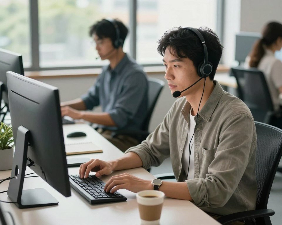 A professional support technician in a modern office environment, focused on assisting clients over the phone. In the foreground, a confident individual dressed in business casual attire is seated at a sleek desk with a headset on, concentrating on their computer screen. The middle ground features a well-organized workspace with various technical devices, such as a laptop, notepad, and a cup of coffee. In the background, a large window lets in natural light, creating a bright and welcoming atmosphere, with hints of greenery outside. The lighting is soft and warm, complementing the professional mood. The angle captures the technician from a slightly elevated perspective, emphasizing their dedication to customer service and support. A professional support technician in a modern office environment, focused on assisting clients over the phone. In the foreground, a confident individual dressed in business casual attire is seated at a sleek desk with a headset on, concentrating on their computer screen. The middle ground features a well-organized workspace with various technical devices, such as a laptop, notepad, and a cup of coffee. In the background, a large window lets in natural light, creating a bright and welcoming atmosphere, with hints of greenery outside. The lighting is soft and warm, complementing the professional mood. The angle captures the technician from a slightly elevated perspective, emphasizing their dedication to customer service and support.
