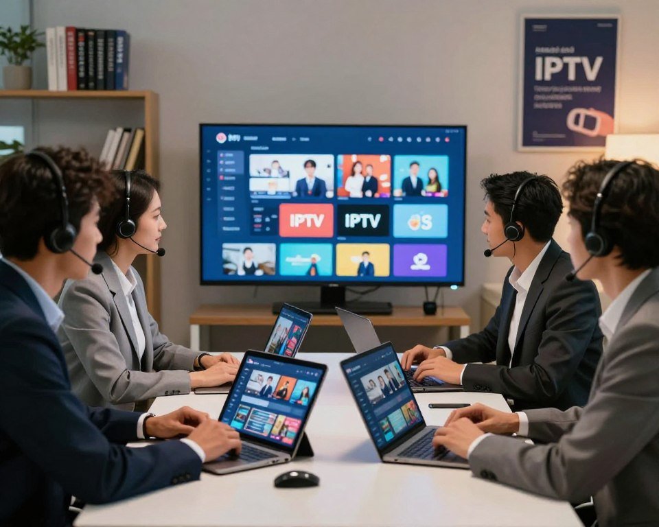 A professional tech support scene illustrating a client consultation for IPTV services. In the foreground, a diverse group of three professionals, dressed in smart business attire, engage in a discussion around a sleek, modern desk equipped with devices like tablets and laptops displaying IPTV interfaces. In the middle, a large screen shows a vibrant IPTV user interface filled with various channels and streaming options. The background features a contemporary office setting with subtle decorative elements that suggest technology, such as bookshelves with tech manuals and posters of IPTV benefits. Soft, warm lighting creates an inviting atmosphere, while a slight depth of field puts focus on the professionals, emphasizing their collaborative spirit in providing customer support.