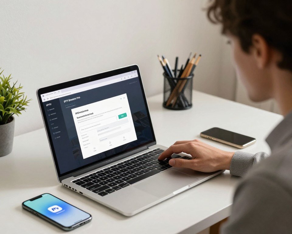A professional, well-organized workspace showcasing the installation process of IPTV Smarters Pro. In the foreground, a sleek laptop is open, displaying the software interface with installation progress visible. Beside it, a smartphone shows the app's logo. In the middle, a person in smart casual clothing is attentively following the setup instructions, their face reflecting focus and determination. The background includes a neatly arranged desk with a potted plant, stationery, and a soft, diffused light illuminating the scene, creating a calming and productive atmosphere. The composition should portray a sense of ease and efficiency, emphasizing a user-friendly installation experience. The angle should be slightly elevated, providing a clear view of both the laptop and the person engaged in installation.