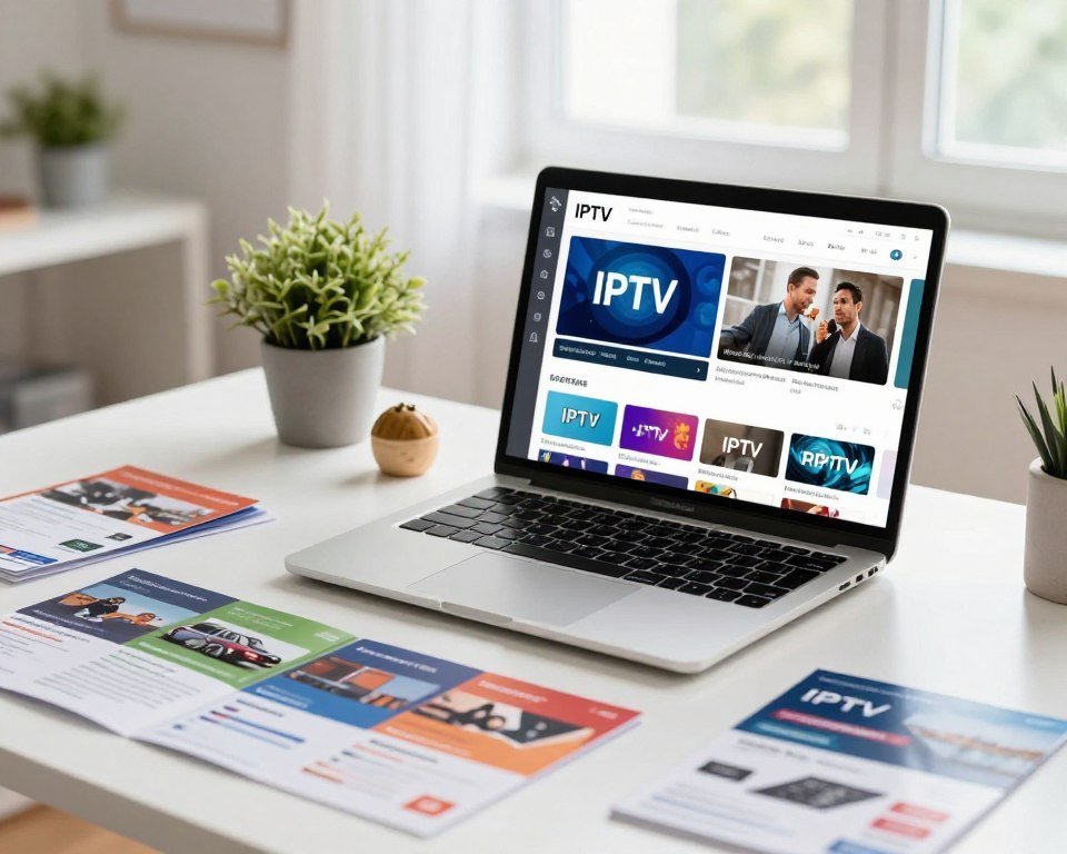 A professional workspace featuring a modern desk with a sleek laptop open to a user-friendly interface displaying various IPTV subscription options and durations. In the foreground, colorful brochures detailing different packages are spread out, emphasizing choice and adaptability. The middle layer includes a potted plant and a small decorative item, adding a touch of warmth. In the background, a well-lit room with large windows allows natural light to flood in, creating a bright and inviting atmosphere. The scene conveys a sense of clarity and professionalism, perfect for a business context. The overall mood is organized and focused, highlighting the importance of choosing the right IPTV plan. Techniques include soft lighting and a slightly elevated angle for an engaging perspective.
