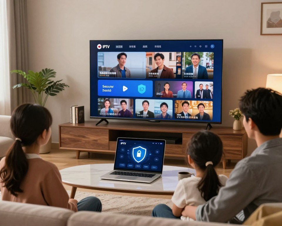 A secure IPTV subscription concept featuring a sleek, modern living room setting. In the foreground, a family casually enjoying content on a large smart TV, showcasing diverse TV shows. They are dressed in comfortable yet professional attire, radiating a cozy and welcoming atmosphere. In the middle ground, a stylish coffee table with a laptop displaying secure streaming options and cybersecurity icons, representing safety. The background features soft, ambient lighting highlighting the inviting space, with plants and books adding warmth. The perspective is a slight angle, emphasizing the family's engagement with the technology. The overall mood is optimistic and secure, symbolizing a trustworthy IPTV experience.