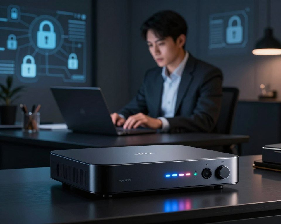 A secure and modern IPTV setup, emphasizing privacy and legality. In the foreground, a sleek, high-tech IPTV device with LED indicators glowing softly, conveying functionality and security. The middle layer features a professional person in business attire, seated confidently at a laptop, reviewing IPTV settings with focused attention. The background showcases a dimly lit, contemporary room, with digital security icons like locks and encrypted networks subtly integrated into the walls. The lighting is soft and ambient, creating a sophisticated atmosphere with a hint of intrigue. The overall mood is one of assurance and professionalism, symbolizing the importance of security and confidentiality in IPTV services. A secure and modern IPTV setup, emphasizing privacy and legality. In the foreground, a sleek, high-tech IPTV device with LED indicators glowing softly, conveying functionality and security. The middle layer features a professional person in business attire, seated confidently at a laptop, reviewing IPTV settings with focused attention. The background showcases a dimly lit, contemporary room, with digital security icons like locks and encrypted networks subtly integrated into the walls. The lighting is soft and ambient, creating a sophisticated atmosphere with a hint of intrigue. The overall mood is one of assurance and professionalism, symbolizing the importance of security and confidentiality in IPTV services.