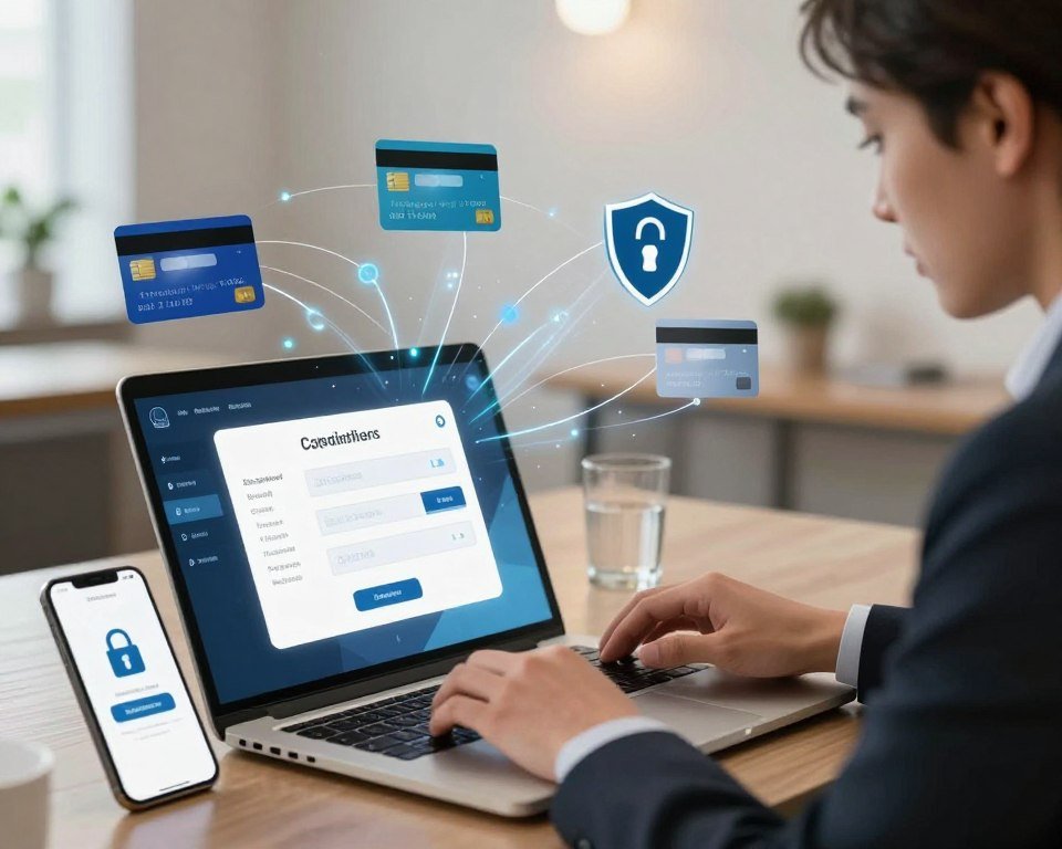 A secure online payment process illustration, featuring a modern, sleek digital interface displaying various payment methods like credit cards and digital wallets. In the foreground, a well-dressed business person intently reviews the payment options on a laptop, while a smartphone nearby shows an activation confirmation screen. The middle ground emphasizes the connection between devices, with abstract digital elements symbolizing security (like locks and shields) flowing between them. The background features a softly lit, elegant office environment, suggesting professionalism. The lighting is bright and inviting, creating an atmosphere of confidence and trust. Use a slight wide-angle perspective to capture the interaction vividly, without any text or branding elements.