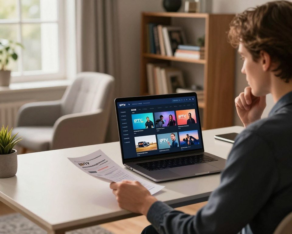 A serene home office setup, with a sleek modern desk featuring a laptop displaying an IPTV subscription interface, showcasing various channels. In the foreground, a well-dressed person (male or female) is thoughtfully reviewing a printed guide on IPTV subscriptions, displaying a look of concentration. The middle layer includes a comfy chair and a stylish bookshelf packed with tech guides and reference materials on IPTV. The background features a softly lit window allowing natural light to filter in, casting warm tones across the room. The atmosphere conveys professionalism and reliability, emphasizing a hub for IT knowledge. Use soft lighting to enhance the warm, inviting mood, while keeping the focus sharp and clear.