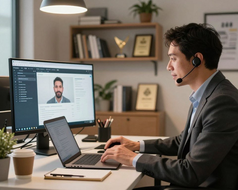 A serene office environment with a focus on client technical support. In the foreground, a professional man in business attire, sitting at a sleek desk with a laptop open, appears engaged in a video call, providing assistance. His expression is attentive and empathetic, reflecting a supportive demeanor. In the middle ground, a modern office setup showcases a large monitor displaying various technical support tools and software interfaces, with a coffee mug and notepad nearby, hinting at a productive atmosphere. The background features a soft-focus shelf filled with books and client success awards, conveying professionalism and trust. The lighting is warm and inviting, emanating from an overhead light, creating a calm and reassuring mood, perfect for client interactions.