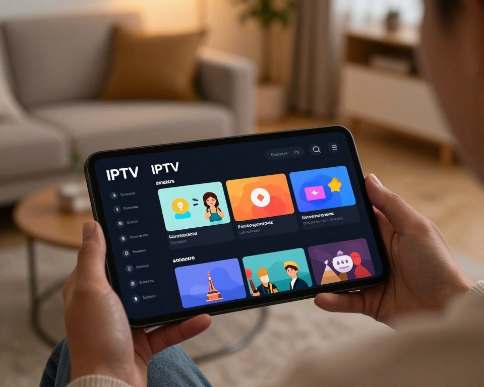 A sleek and modern IPTV Smarters navigation interface displayed on an iOS device. The foreground features a close-up of a user-friendly menu with vibrant icons for various streaming options, highlighted against a dark background. In the middle ground, soft, diffused lighting illuminates the screen, creating an inviting atmosphere. The background showcases a cozy living room setting with a contemporary feel, complete with a stylish sofa and a coffee table. The perspective is from a slightly elevated angle, capturing the device as if being used by a professional individual in smart casual attire, emphasizing accessibility and ease of navigation within the application. The overall mood is warm and tech-savvy, perfect for illustrating user engagement with the IPTV interface.