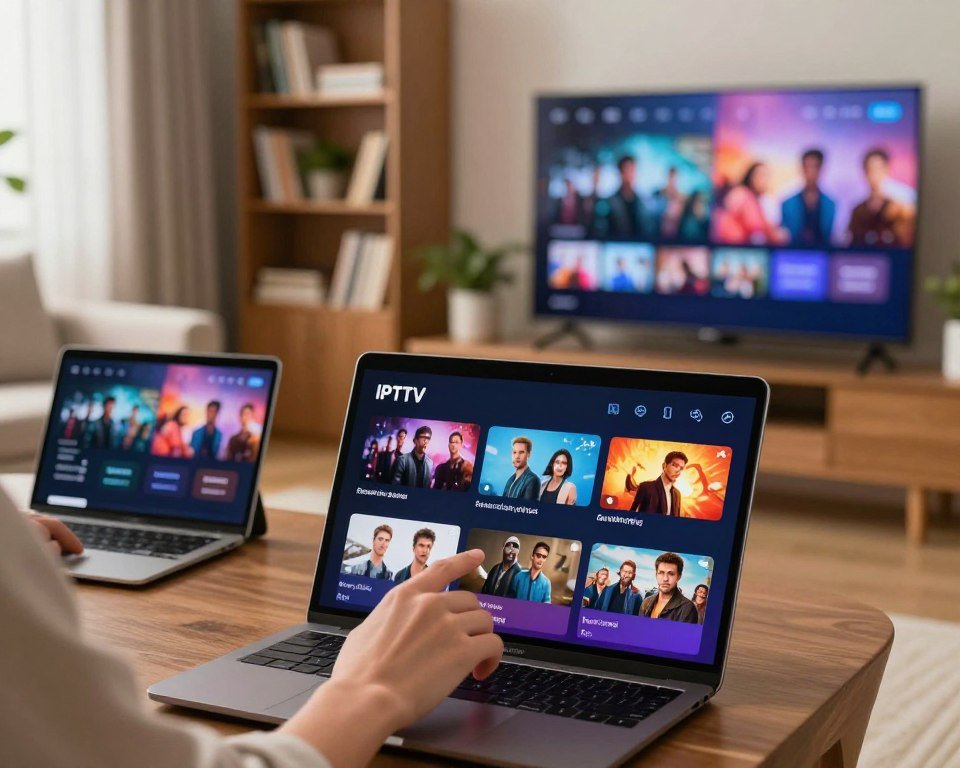 A sleek and modern IPTV streaming interface displayed on multiple electronic devices like a laptop, tablet, and smart TV. In the foreground, a user interacts with a user-friendly touch screen featuring vibrant thumbnails of movies and series. The middle ground showcases a comfortable living room setting with soft lighting, emphasizing a cozy atmosphere. In the background, a shelf filled with books and plants adds warmth. The scene is illuminated with natural light, creating a welcoming feel. A shallow depth of field focuses on the interface, showcasing its clean layout and vibrant colors, while blurring the surrounding elements slightly for a focused look. The overall mood is relaxed and inviting, reflecting an intuitive and smooth streaming experience.