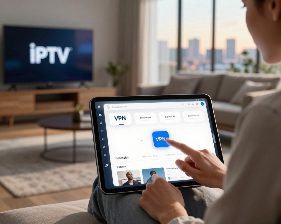 A sleek and modern VPN application interface displayed on a high-resolution tablet screen, showcasing features like server selection, connection status, and streaming quality options. In the foreground, a user dressed in professional casual attire thoughtfully interacts with the app, their fingers tapping on the screen. The middle ground features a stylish living room setting with a cozy couch and an HD television displaying an IPTV service logo. In the background, a blurred view of a city skyline through a large window, bathed in warm afternoon light, creates an inviting atmosphere. The scene emphasizes technology and smart living, with soft shadows and a clear focus on the device, evoking a sense of modern convenience and lifestyle enhancement.