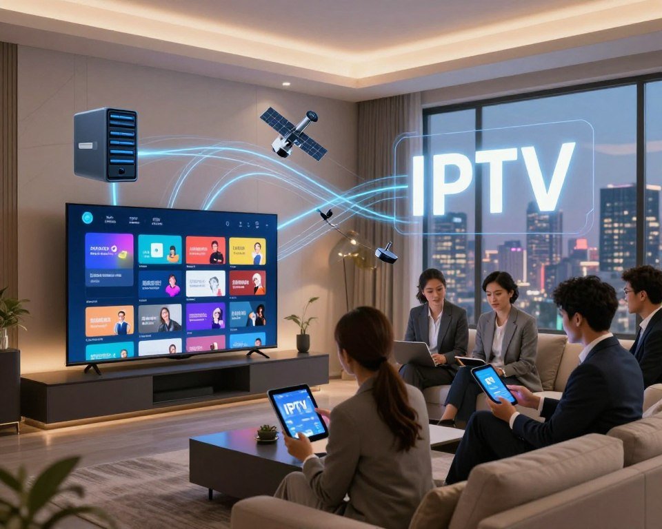 A sleek and modern digital framework illustrating the concept of IPTV technology. In the foreground, a stylish living room with a large smart TV displaying a vivid interface of streaming channels. A diverse group of professionals in business attire eagerly engages with a tablet and smartphone, showcasing the interactivity of IPTV. The middle ground features a visually appealing infographic, with flowing lines connecting servers, satellites, and devices, symbolizing data transmission. In the background, a subtle city skyline through a window suggests connectivity and modern technology. Soft, ambient lighting creates a warm, inviting atmosphere, emphasizing innovation and reliability in home entertainment. The composition should convey a sense of clarity, engagement, and professionalism without the use of text or overlays.