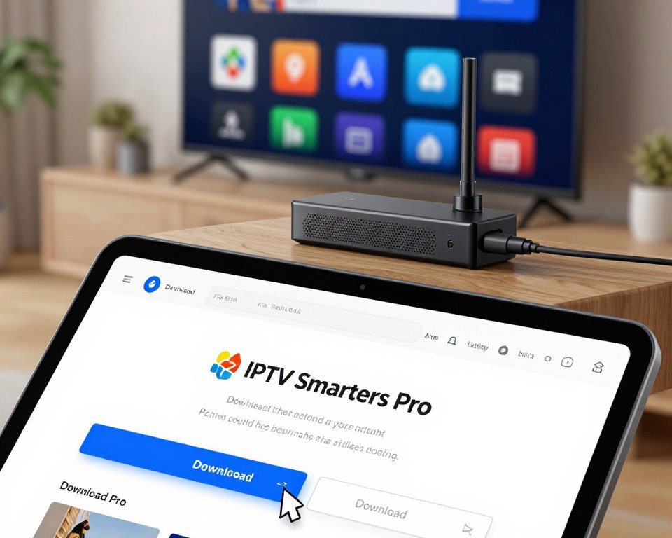 A sleek and modern digital workspace showcasing the process of downloading the "IPTV Smarters Pro" application for a Fire Stick device. In the foreground, a close-up of a computer or tablet screen displays the application's logo and download interface, with a mouse cursor hovering over the download button, emphasizing action. The middle layer features the Fire Stick device prominently, plugged into a television, with vibrant icons on the TV screen indicating installation progress. In the background, a cozy living room setting with soft lighting and subtle tech elements creates an inviting atmosphere. Capture this scene with a focus on clarity and detail, using a slightly tilted angle to enhance depth, while ensuring a warm and encouraging mood that resonates with the excitement of new technology.