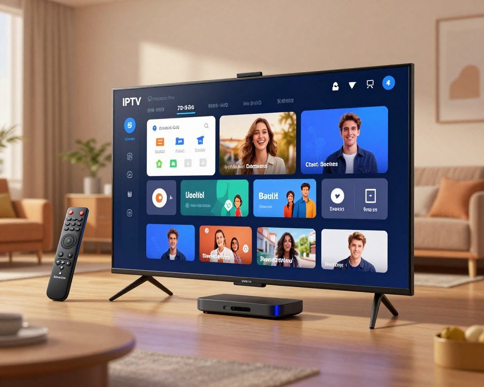 A sleek and modern illustration showcasing the advanced features of IPTV Smarters Pro. In the foreground, depict a high-tech, user-friendly interface displayed on a large, ultra-HD television screen, highlighting various functionalities like channel browsing, parental controls, and multi-device support. In the middle, include a stylish remote control and smart device, symbolizing user accessibility and integration. The background should feature a cozy living room setting, softly lit with ambient lighting, creating a warm and inviting atmosphere. Use a wide-angle view to encompass the entire scene, focusing on clarity and detail. The scene should evoke a sense of innovation and modernity, inviting viewers to explore the advanced capabilities of IPTV Smarters Pro.