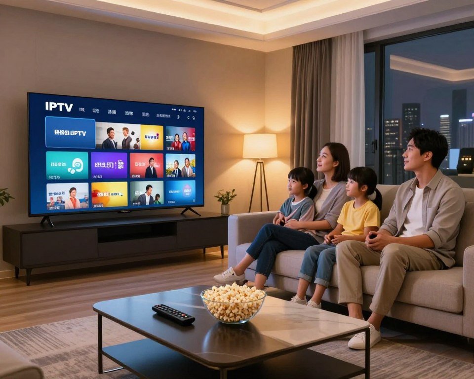 A sleek and modern living room featuring a Smart TV displaying an IPTV interface with various vibrant channel options. In the foreground, a stylish coffee table with a remote control and a bowl of popcorn, creating a cozy viewing atmosphere. The middle of the image displays a family of four (two adults, two children) sitting comfortably on a contemporary sofa, dressed in casual yet smart attire, engaged and enjoying their viewing experience. The background includes a warm, inviting interior with soft lighting, illuminating the room through large windows. A subtle reflection of a city skyline can be seen outside, enhancing the modern lifestyle feel. The overall mood is relaxed, family-oriented, and tech-savvy, showcasing the key features of IPTV service.