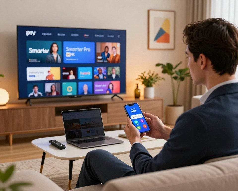 A sleek and modern living room setup with a large flat-screen TV displaying the IPTV Smarter Pro HD 4K interface. In the foreground, a well-dressed professional in business casual attire is seated on a comfortable couch, engaged in the process of installing the streaming application on a smartphone. The middle ground showcases a stylish coffee table with a laptop and remote control, alongside vibrant decor elements like plants and artwork. The background features a soft glow from warm lighting, enhancing the inviting atmosphere. The scene is captured from a slight low angle, emphasizing the interaction with technology, while maintaining focus on the streaming application. The overall mood is focused and efficient, reflecting the integration of streaming technology in everyday life.