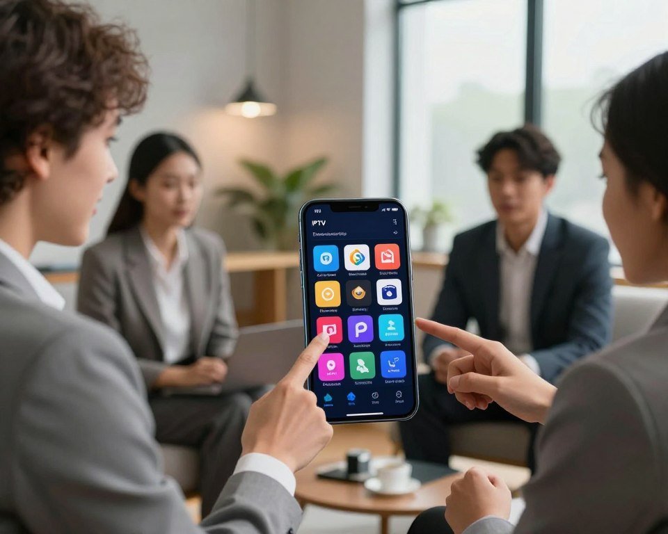 A sleek and modern smartphone displaying an intuitive IPTV interface on its screen, showcasing colorful icons for various channels and user-friendly navigation buttons. In the foreground, a diverse group of professionals in business attire are engaged in conversation, pointing at the phone, reflecting collaboration and engagement. The middle ground features a soft-focus setting of a cozy office environment with minimalistic furniture and ambient lighting, enhancing the atmosphere of innovation and ease of use. The background includes a large window with natural light pouring in, casting gentle shadows. The overall mood is optimistic and productive, emphasizing the seamless user experience.