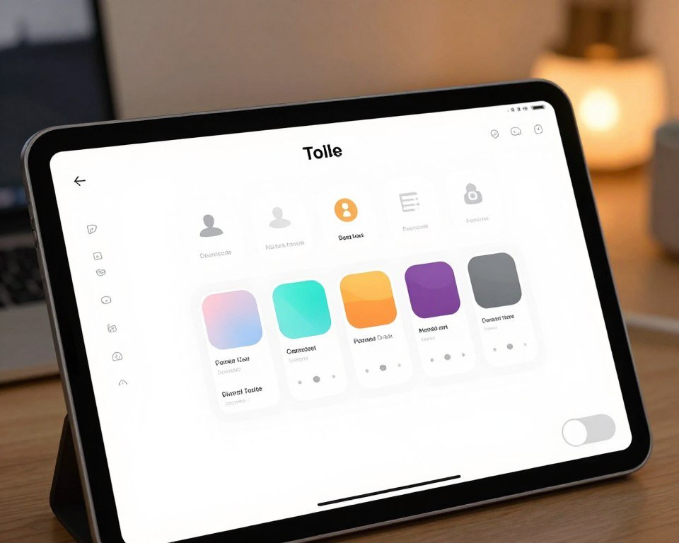 A sleek and modern user interface for a personalization configuration screen displayed on a high-resolution iPad. The foreground shows a clean layout featuring various customizable options such as themes, color palettes, and a user-friendly toggle switch. The middle ground includes icons representing different features like user profiles, subscription settings, and parental controls, all meticulously aligned. In the background, a soft-focus blurred workspace with ambient lighting creates a professional atmosphere. The overall mood is one of ease and efficiency, inviting users to explore personalization options seamlessly. The lighting is warm and inviting, enhancing the user-friendly appeal of the interface. The angle is slightly elevated, showcasing the device's screen in detail while retaining the context of a stylish office environment.