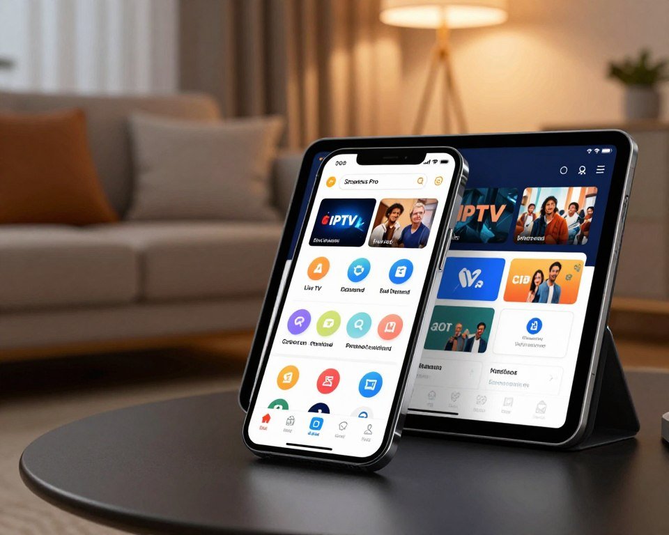 A sleek and modern user interface of the Smarters Pro application displayed on a smartphone and a tablet. The foreground features the devices prominently, showcasing an intuitive home screen filled with colorful icons representing various IPTV features like live TV, video on demand, and parental controls. The middle layer includes a slight blur of a cozy living room setting, with a stylish sofa and soft lighting, emphasizing a relaxed viewing atmosphere. In the background, a warm ambient light creates a welcoming feel, enhancing the tech-savvy ambiance. The angle should highlight the devices in a slight tilt for depth, capturing the essence of seamless viewing experience. The overall mood is engaging and user-friendly, inviting viewers to explore the app's capabilities.