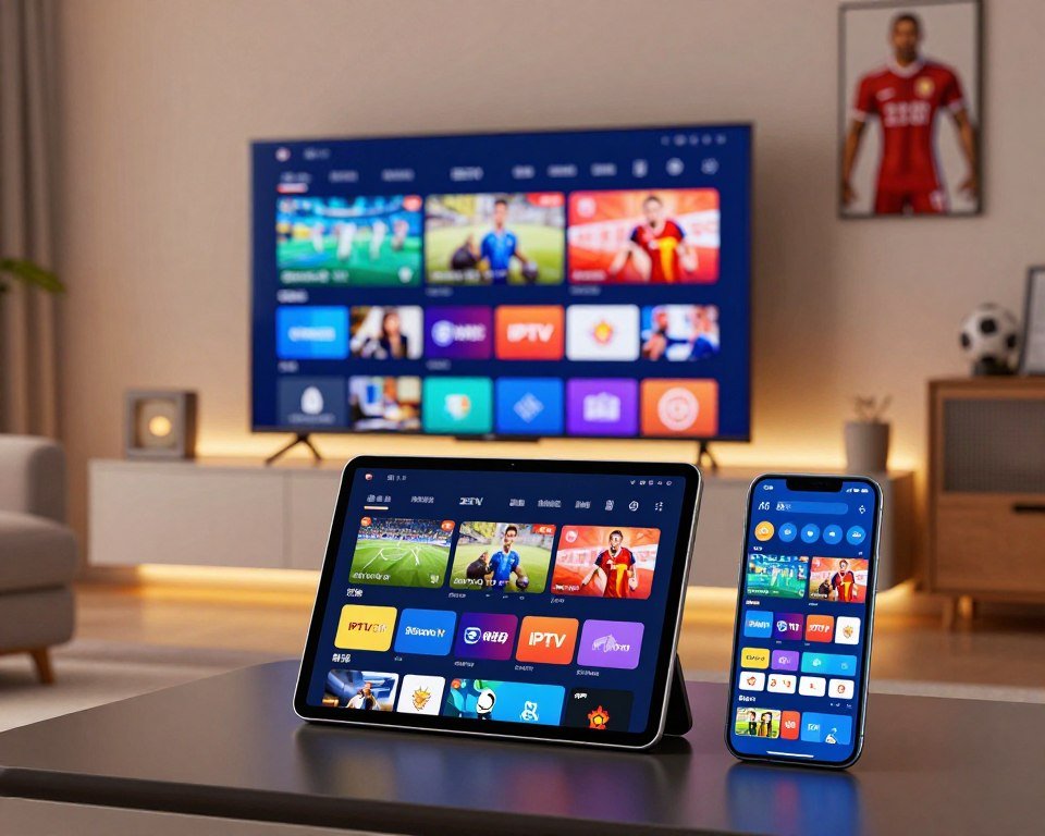 A sleek digital installation of an IPTV streaming application displayed on multiple devices including a smart TV, tablet, and smartphone. In the foreground, the smart TV shows a vibrant, colorful interface with sports channels visible, while the tablet and smartphone showcase the same application in use, illustrating compatibility across platforms. The middle layer features a modern, tech-savvy living room environment, with a cozy couch and ambient LED lighting that sets a warm, inviting atmosphere. In the background, subtle hints of decor such as sports memorabilia add context. Bright, even lighting enhances the clarity and appeal of the devices, and a slightly angled perspective showcases the integration of technology in everyday life, highlighting a professional yet relaxed mood.