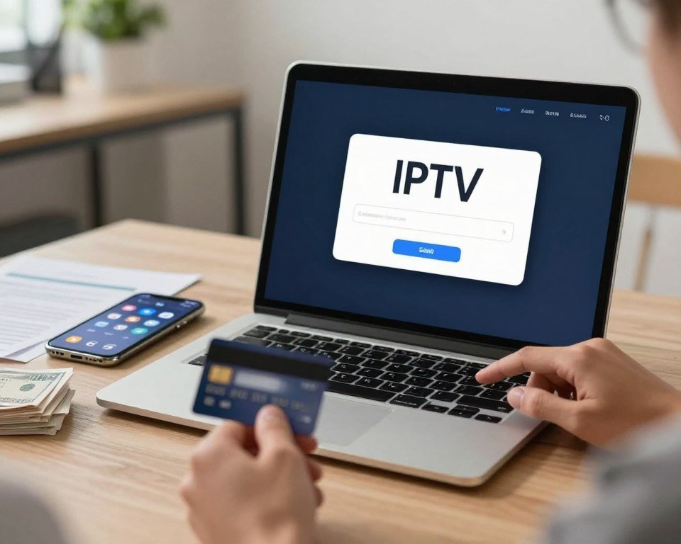 A sleek digital workspace featuring a stylish modern laptop with a secure payment interface on the screen. In the foreground, a pair of hands—one holding a credit card and the other navigating the touchscreen—depict a user engaging in a secure IPTV transaction. In the middle ground, soft-focus elements include a smartphone displaying various payment icons and a small stack of financial documents, suggesting trust and transparency in transactions. The background features a well-lit office environment with a hint of greenery, creating a calm and professional atmosphere. Use warm, inviting lighting to enhance the mood of security and reliability. The scene should evoke a sense of ease and confidence in conducting online transactions.