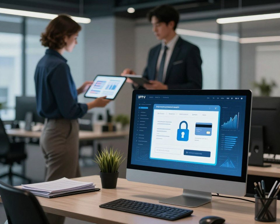 A sleek, digitally designed workspace showcasing secure online payment processes for IPTV subscriptions. In the foreground, a high-tech computer monitor displays a glowing graphic of a secure payment gateway with padlock icons and credit card symbols. The middle layer features a business professional, dressed in smart attire, analyzing data on a tablet, surrounded by financial charts and graphs. The background should show a modern office with soft, ambient lighting, emphasizing a sense of security and professionalism. Use a wide-angle view to capture the entire scene, creating a clean, organized atmosphere that conveys trust and reliability in online payments. The mood should be focused and confident, reflecting the importance of security in digital transactions.