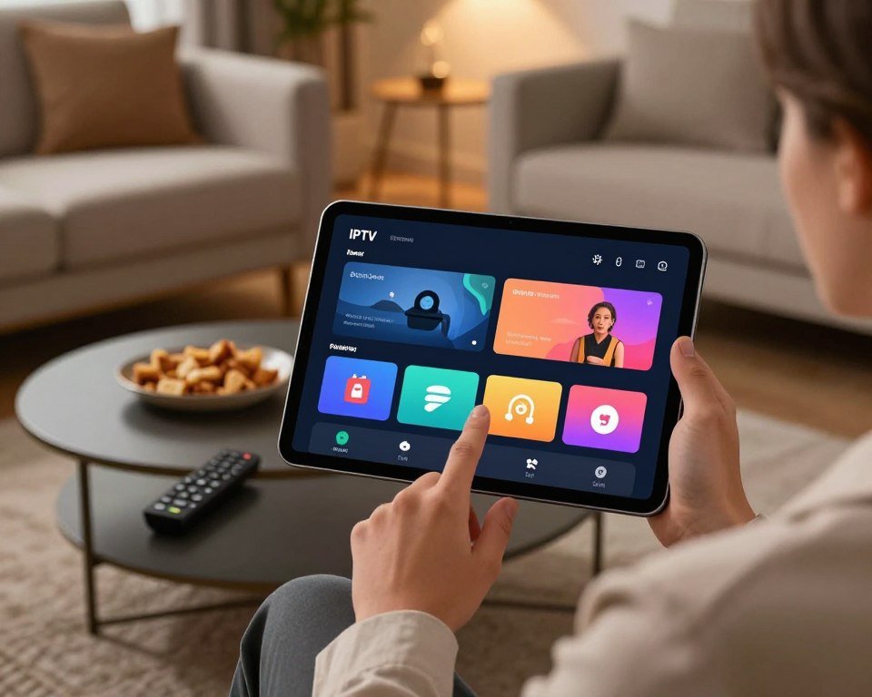 A sleek, modern IPTV application interface displayed on a high-resolution tablet in an elegant living room setting. In the foreground, the tablet is held by a person in professional attire, showcasing their finger gracefully navigating the intuitive user interface with vibrant icons and options. The middle layer features a stylish coffee table with a remote control and snacks, enhancing a relaxed atmosphere. In the background, a cozy sofa and ambient lighting create a welcoming environment, with soft shadows adding depth. The mood is inviting and user-friendly, emphasizing the ease of use and modern technology. The image is well-lit, with a warm color palette, captured at a slight angle for a dynamic perspective.