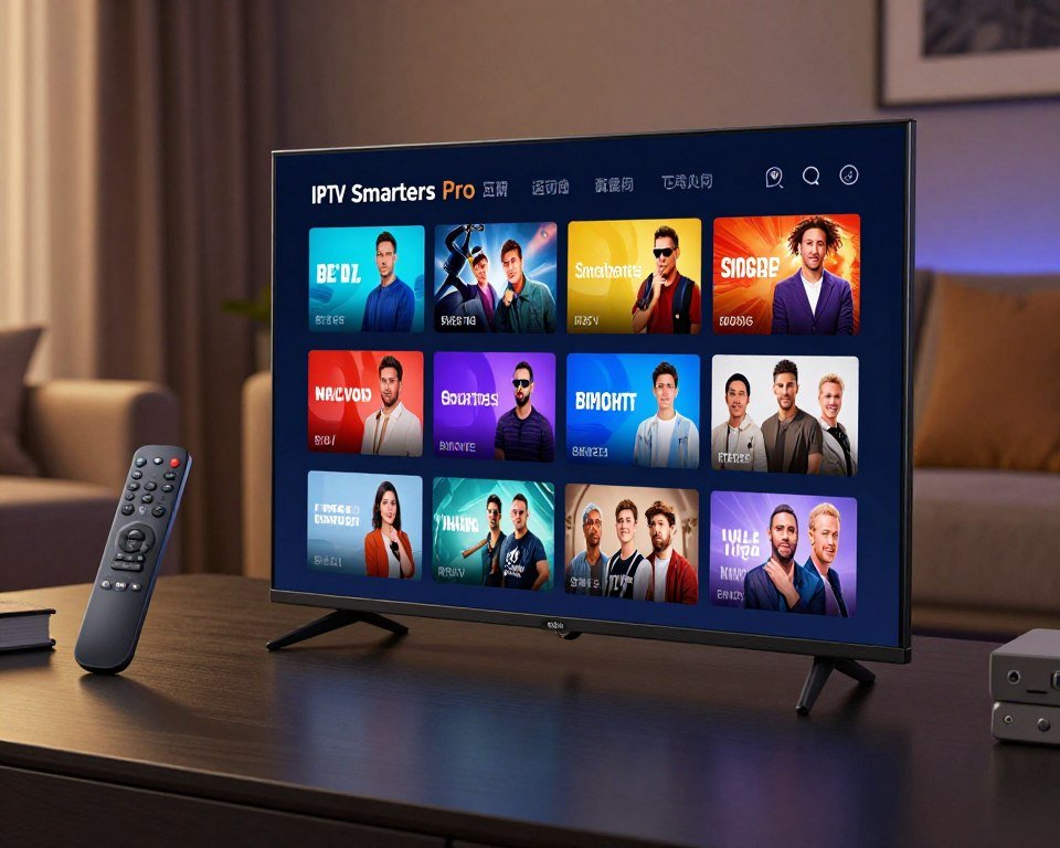 A sleek, modern digital device displaying a vibrant 4K IPTV interface, showcasing an array of high-definition TV channels and vibrant thumbnails of various shows. The foreground features an elegantly designed remote control beside the device. In the middle, the focus is on the glowing screen, which displays crisp, colorful content with a user-friendly layout. The background includes a cozy living room setting, softly lit to create an inviting atmosphere, with subtle shadows enhancing the depth. Soft ambient lighting should highlight the high-tech aspects of the IPTV experience, making it feel contemporary and engaging. The overall mood is professional and sophisticated, perfect for illustrating the advantages of the IPTV Smarters Pro app.