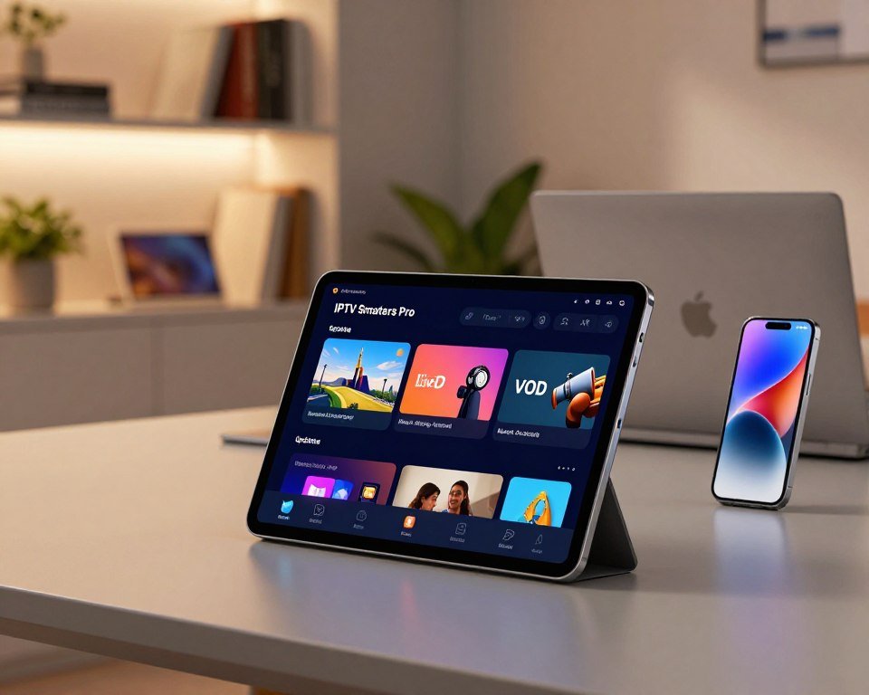 A sleek, modern digital interface showcasing exclusive features and updates for IPTV Smarters Pro. In the foreground, a high-tech tablet displaying vibrant graphics of various app functionalities, like Live TV, VOD, and multi-device support, with dynamic icons and user-friendly navigation. In the middle ground, a minimalist workspace with a laptop and smartphone, reflecting a professional atmosphere, alluding to a tech-savvy environment. The background features a softly lit office setting with shelves of technology books and subtle green plants, creating a fresh, inviting mood. Use warm, ambient lighting to highlight the focus on innovation and efficiency. The angle should be slightly tilted to emphasize depth, inviting the viewer into this modern tech world without any text or watermarks present.