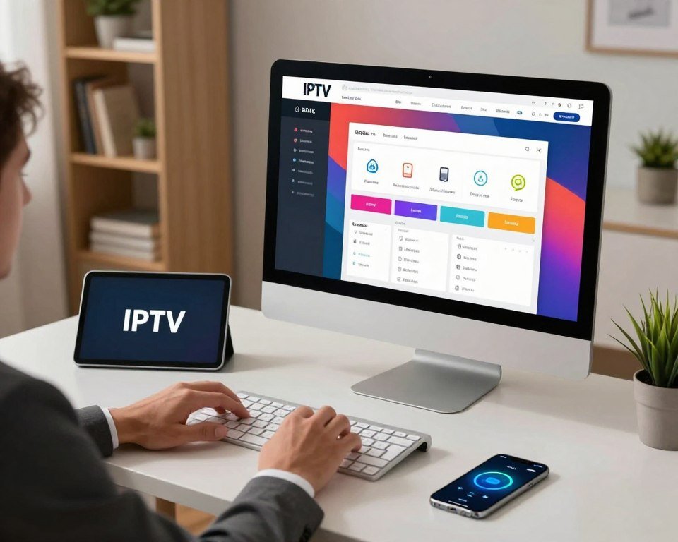 A sleek, modern home office setup featuring a computer monitor displaying an IPTV installation configuration application in vibrant colors. In the foreground, a pair of hands, dressed in professional business attire, are engaging with the interface, with various icons and settings clearly visible. In the middle, a neatly organized desk with a digital tablet, a wireless keyboard, and a smartphone illustrating connectivity options is depicted. The background showcases a well-lit room with soft, warm lighting, accentuating a contemporary decor, such as a bookshelf and a potted plant. The overall atmosphere exudes a sense of professionalism and ease, inviting viewers to learn about IPTV installation with clarity and confidence.
