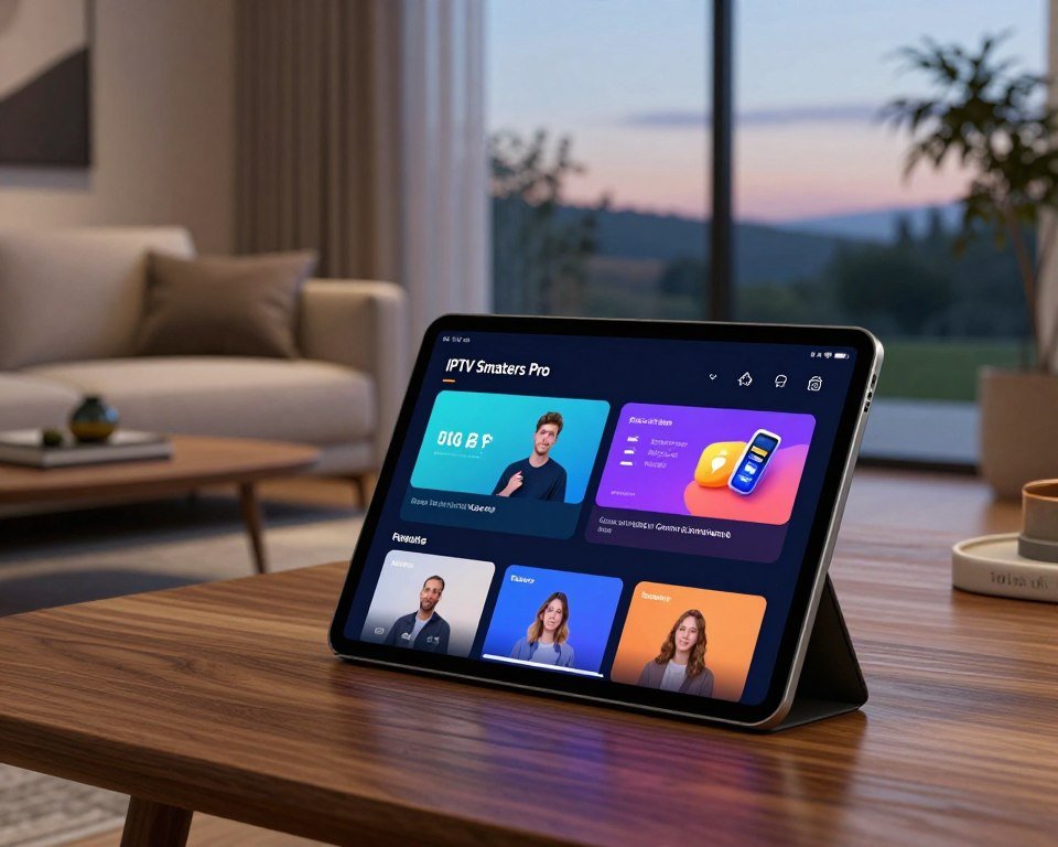 A sleek, modern interface of IPTV Smarters Pro displayed on a high-resolution tablet screen, showcasing its user-friendly design and parental control features. In the foreground, the tablet rests on a stylish wooden table, backlit by soft, ambient lighting that highlights the screen's vibrant colors. The middle ground features an elegant living room setting with a cozy sofa and minimalistic decor, creating a welcoming atmosphere. The background reveals a large window that offers a glimpse of a serene outdoor scene at dusk, enhancing the relaxed mood. The overall composition emphasizes clarity and sophistication, with a slight tilt from a low angle, emphasizing the tablet's display while suggesting usability in a contemporary home environment.