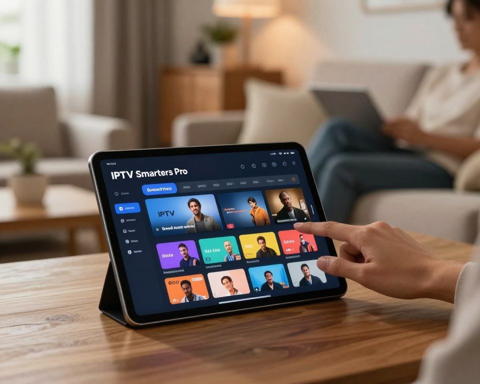 A sleek, modern interface of "IPTV Smarters Pro" displayed on a stylish tablet resting on a wooden table. In the foreground, the tablet screen prominently features the app's vibrant and intuitive layout, showcasing various channels and user-friendly navigation options. The middle ground includes a blurred background of a cozy, contemporary living room with soft lighting, accentuating the digital experience. A person dressed in smart casual attire relaxes on a comfortable couch, attentively interacting with the tablet, embodying a sense of engagement and comfort. The ambient light from a nearby window casts a warm glow, creating an inviting atmosphere. Ensure the image captures the essence of advanced technology and quality home entertainment seamlessly integrated into everyday life.