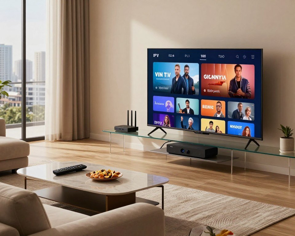 A sleek, modern living room designed for optimal IPTV enjoyment. In the foreground, there’s a high-tech smart TV displaying vibrant streaming content. A cozy sofa with an elegant design faces the TV, while a stylish coffee table holds a remote control and snacks. In the middle, a glass shelf showcases IPTV devices, routers, and high-speed cables, emphasizing technology. Soft, warm lighting bathes the room, creating a relaxed ambiance. The background features large windows with a cityscape view, hinting at a contemporary urban dwelling. The scene is inviting and showcases a seamless integration of technology and comfort, highlighting the essence of an optimized IPTV experience.