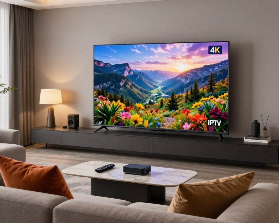 A sleek, modern living room featuring a large Smart TV displaying a vibrant, high-definition image of a scenic landscape, capturing the essence of HD, 4K, and 8K quality. In the foreground, a comfortable sofa set with vivid pillows invites relaxation, while a stylish coffee table holds a remote and some technical gadgets. The middle ground emphasizes the Smart TV, showcasing colorful visuals with impeccable clarity. In the background, soft, ambient lighting from stylish lamps creates a cozy atmosphere, highlighting the room's contemporary decor. The lens captures the scene from a slight angle, enhancing perspective and depth. The mood conveys advanced technology seamlessly integrated into daily life, emphasizing the excellence of streaming quality that IPTV offers.