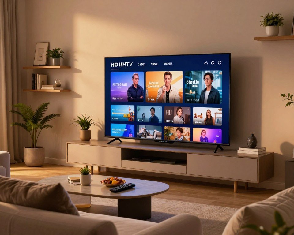 A sleek modern living room featuring a large UHD television displaying vibrant, high-definition IPTV content. In the foreground, a comfortable sofa with plush cushions and a stylish coffee table adorned with a remote control and snacks. The middle ground showcases the high-definition television, illuminating the room with soft, warm light, casting reflections on the walls. Background elements include shelves with decorative plants and books, enhancing the cozy atmosphere. Soft ambient lighting creates a welcoming feel, while the angle captures the viewer's perspective from a slight side view, emphasizing the quality of the IPTV display. The overall mood is inviting and engaging, perfect for showcasing superior streaming technology.
