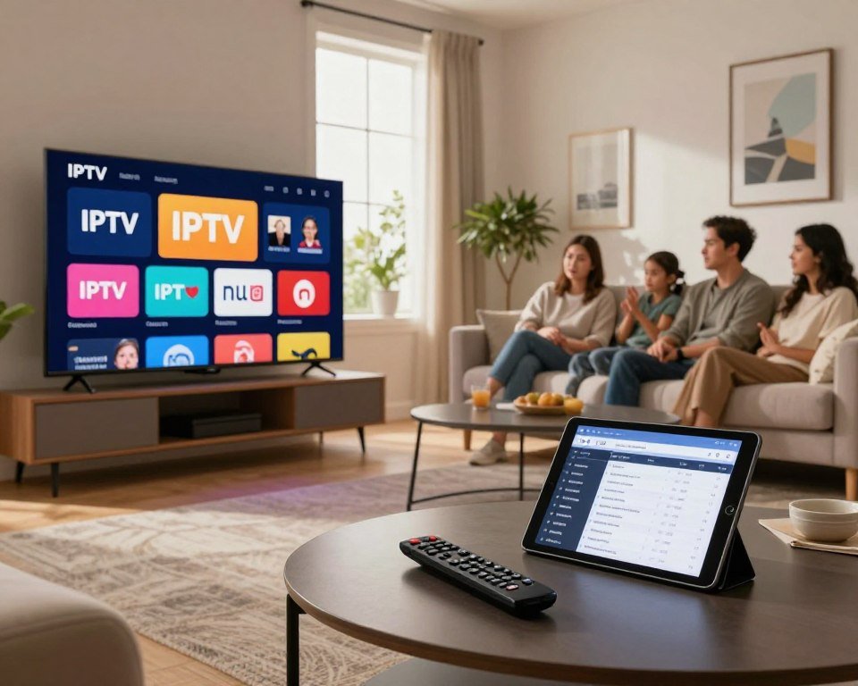A sleek, modern living room featuring a large smart TV displaying various IPTV subscription logos on the screen. In the foreground, a stylish coffee table holds a remote control and a tablet with an open IPTV comparison chart. The middle layer shows a comfortable sofa where a family is seated, engaged in discussion, dressed in smart casual attire. The background features a window allowing soft, natural light to filter in, creating a warm and inviting atmosphere. Include subtle elements like a potted plant and framed artwork on the walls to enhance the homely feel. The overall mood is professional yet relaxed, emphasizing the decision-making process for IPTV subscriptions. Use a wide-angle lens perspective to capture the scene effectively, ensuring clarity and focus throughout.