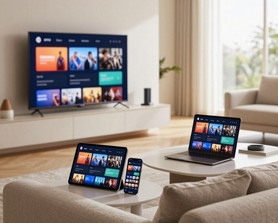 A sleek modern living room featuring various electronic devices that represent multi-device compatibility. In the foreground, a stylish television displaying vibrant IPTV content. A tablet and smartphone sit next to a cozy couch, showcasing the same streaming interface. In the middle ground, a laptop is open on a sleek coffee table, further emphasizing the theme of versatility. The background is softly blurred, highlighting a bright window with natural light filtering through, casting a warm glow across the space. Use a wide-angle lens to encompass the entire room in a clear, bright, and inviting atmosphere, reflecting a seamless integration of technology for an engaging entertainment experience.